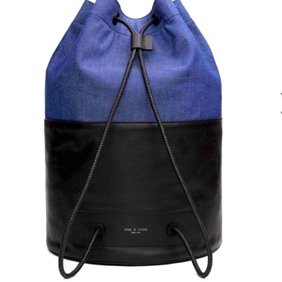 Rag & Bone Walker Cinched Drawstring Leather & Denim Backpack Bag - Picture 1 of 6
